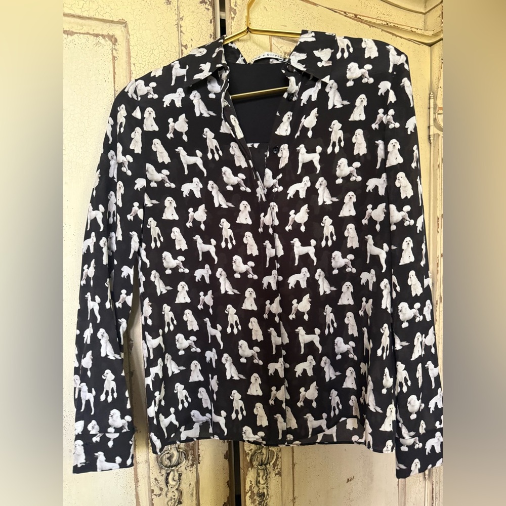 Alice + Olivia Black Shirt with White Poodle Print 100% Silk